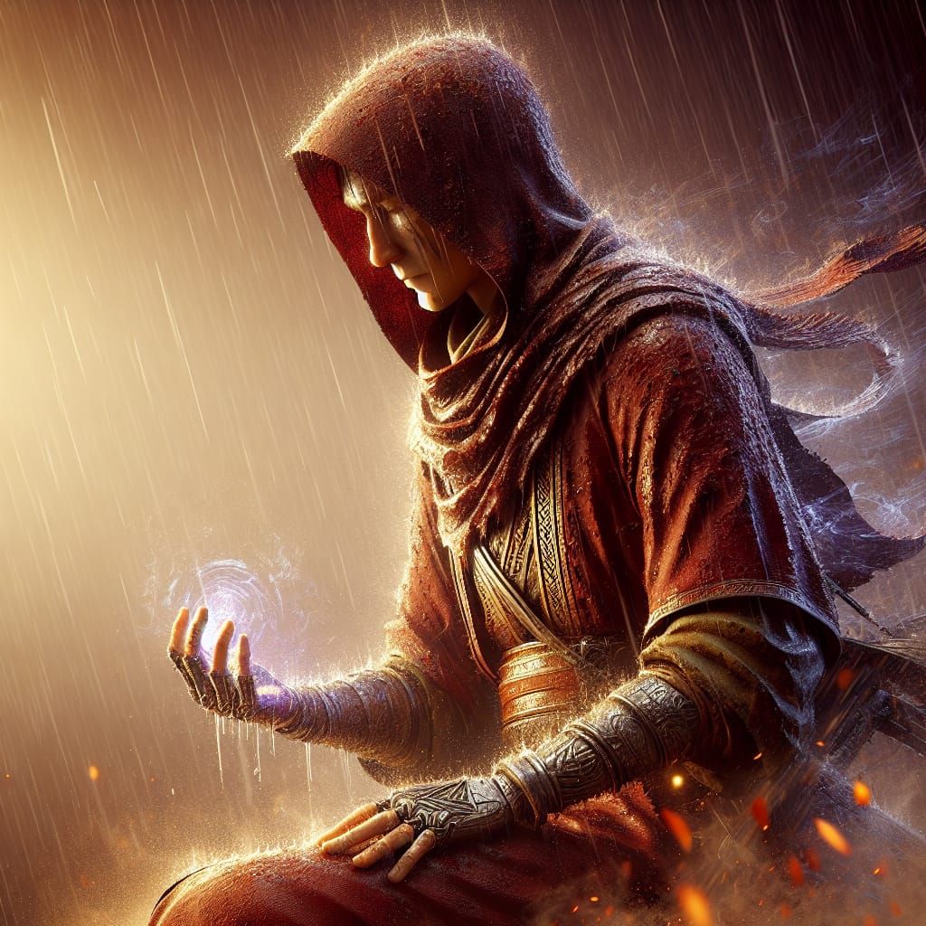 A weary mage kneels in the aftermath of battle