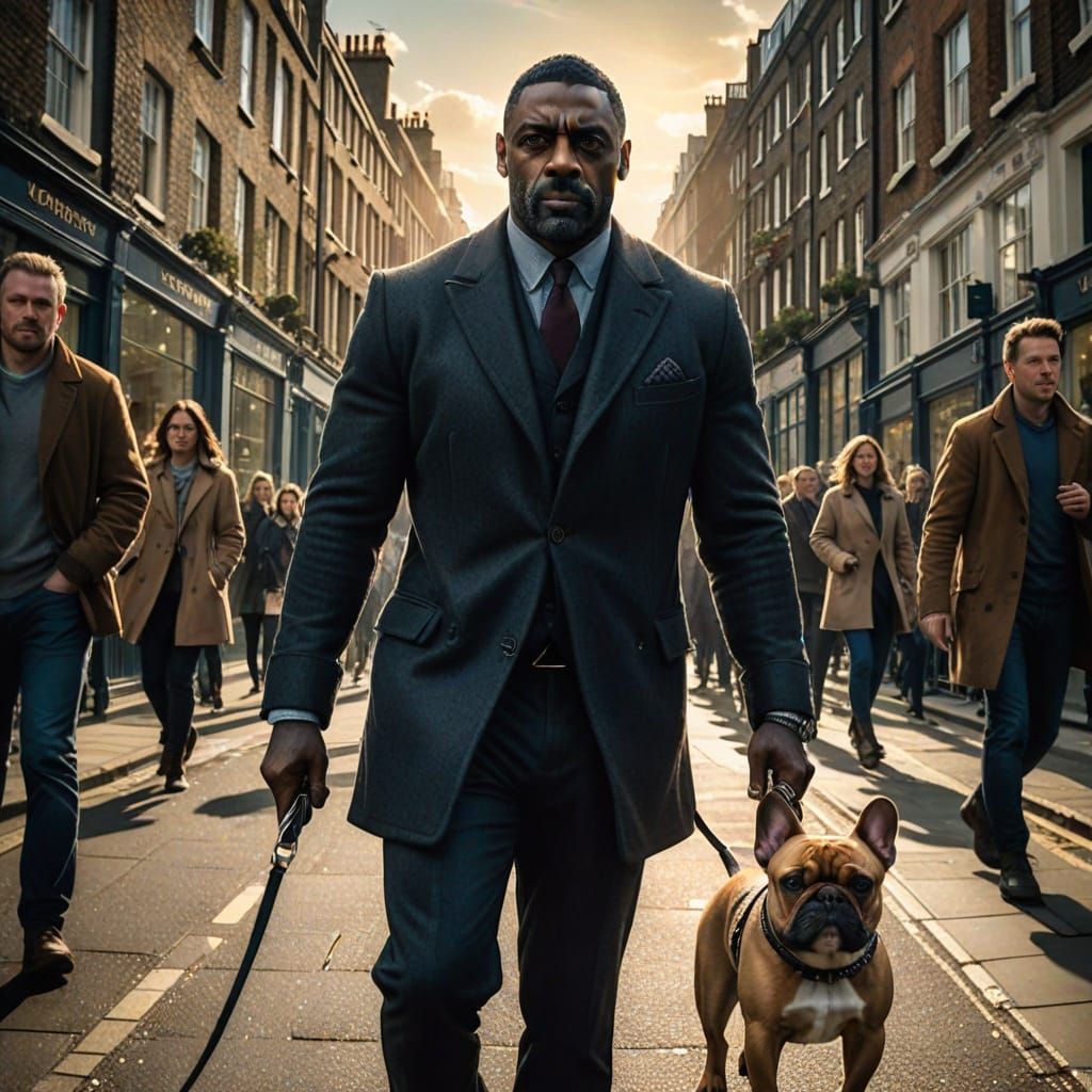 "Idris Elba" walking down a busy London Street where you can...