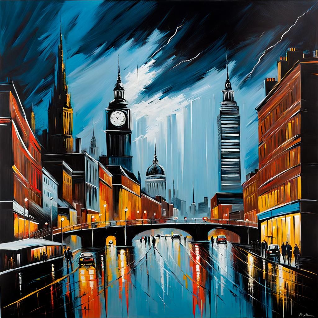 Acrylic Cityscape in Thunderstorm