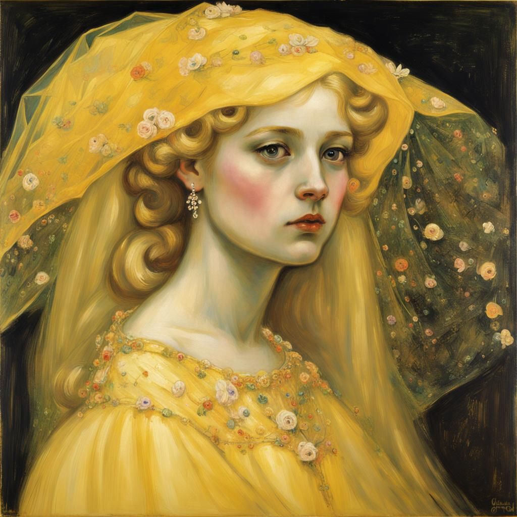 Blonde Princess in Yellow Gown, Klimt-Inspired Art