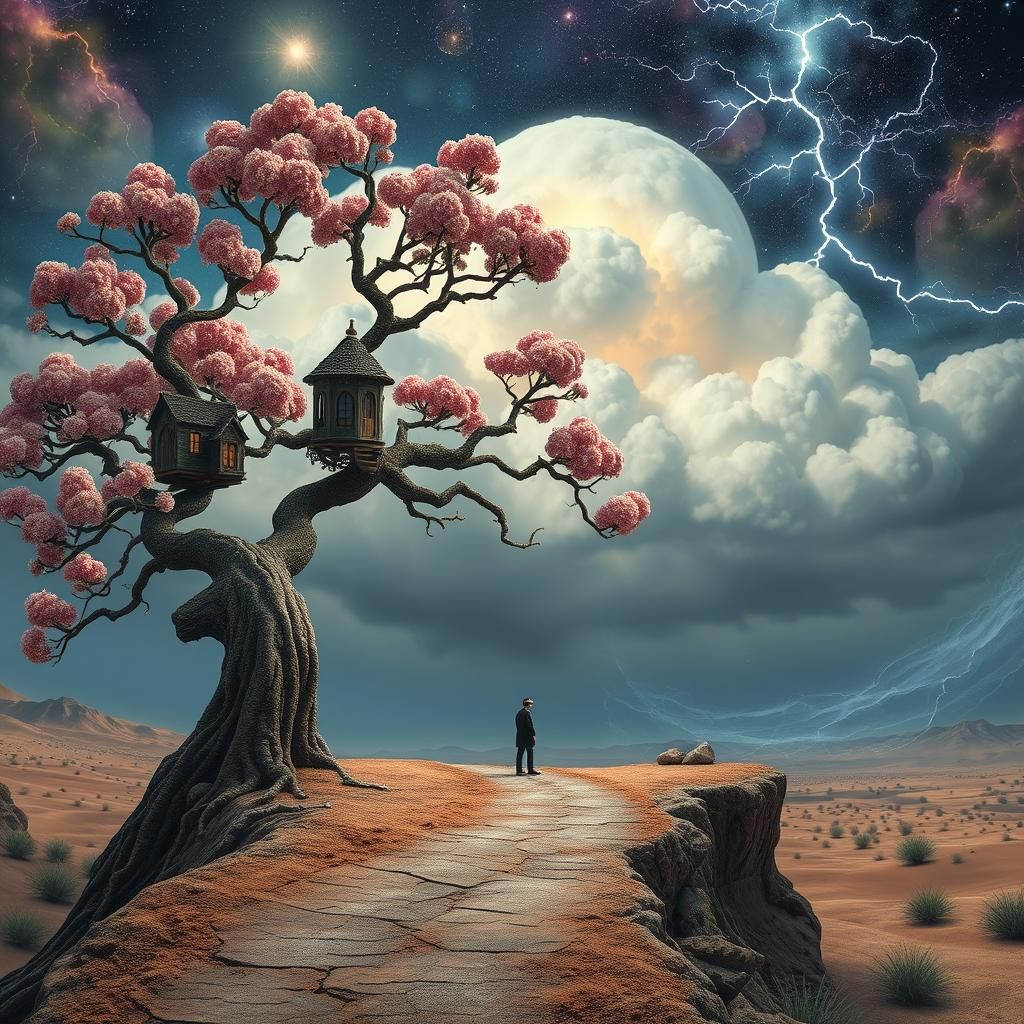 Surreal Desert Dreamscape with Cosmic Tree
