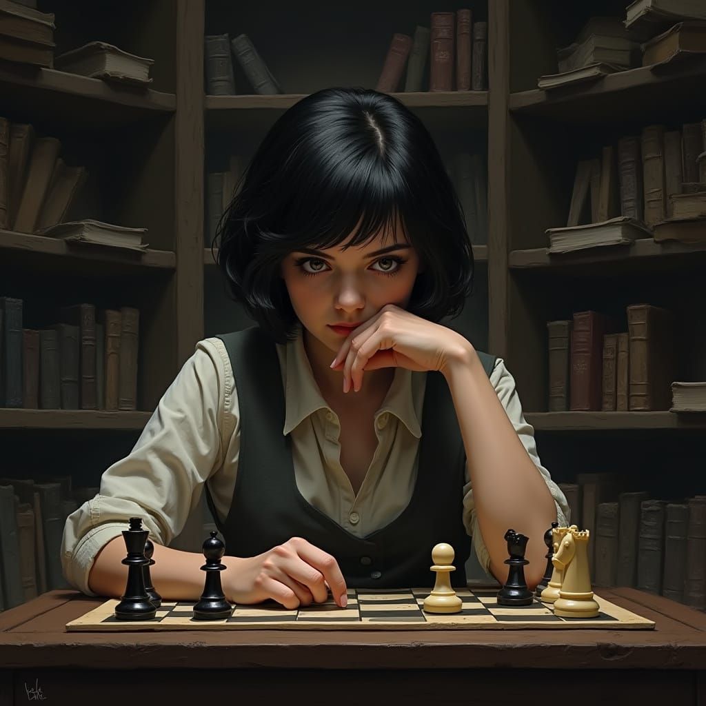 Beth Harmon Ponders Her Next Chess Move in a Moody Study