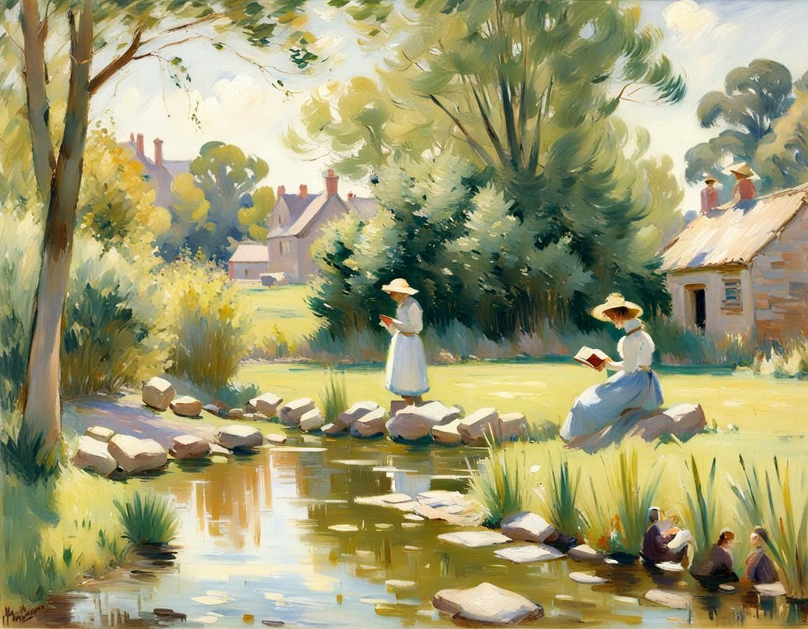Women Reading by Pond in Dappled Glen