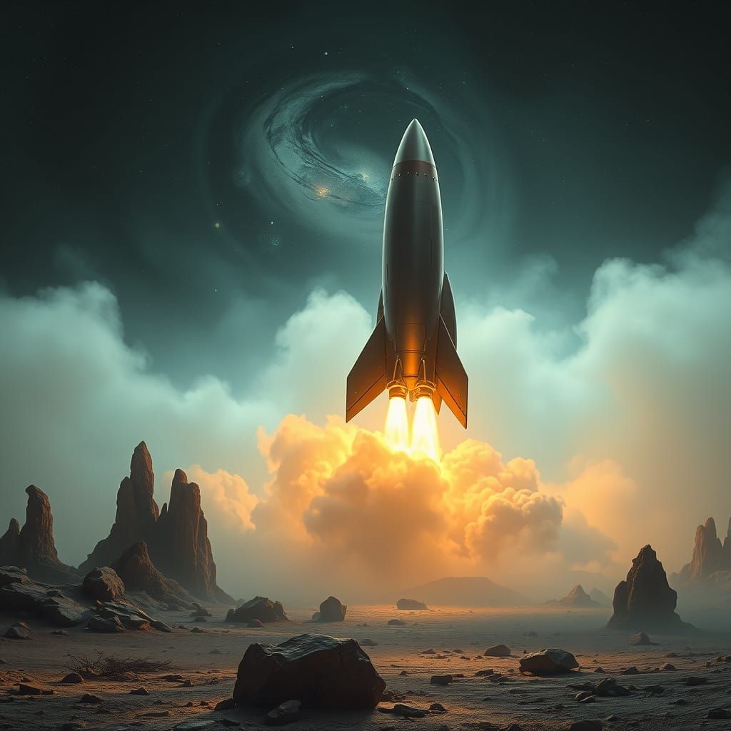 Retro-Futuristic Rocket Launch in Romantic Style