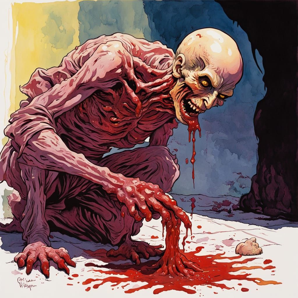 Ghoul Vomiting Maggots and Blood in Retro Comic Style