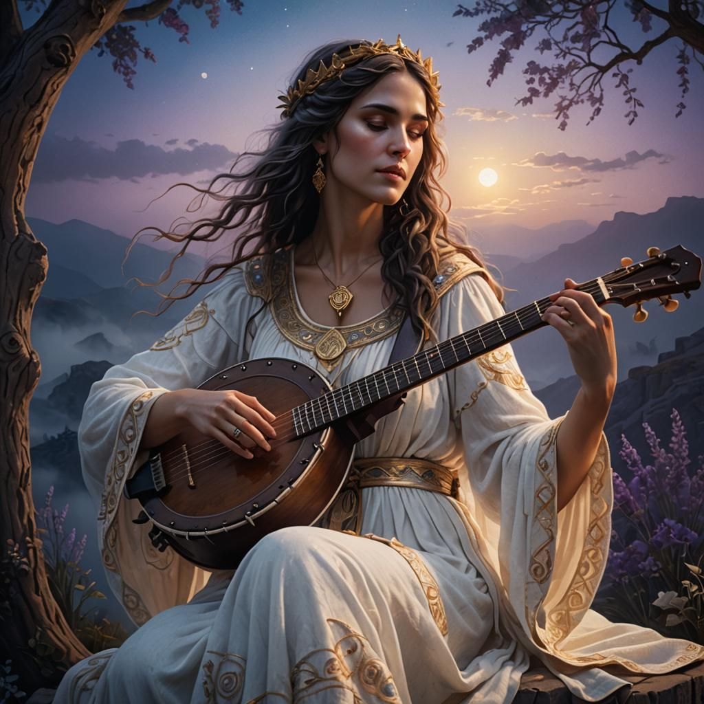 Goddess Plays Banjo in Hyperrealistic Twilight