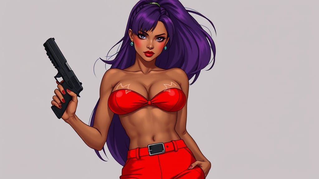 Senna-Toned Siren with Lavender Locks and Pistol