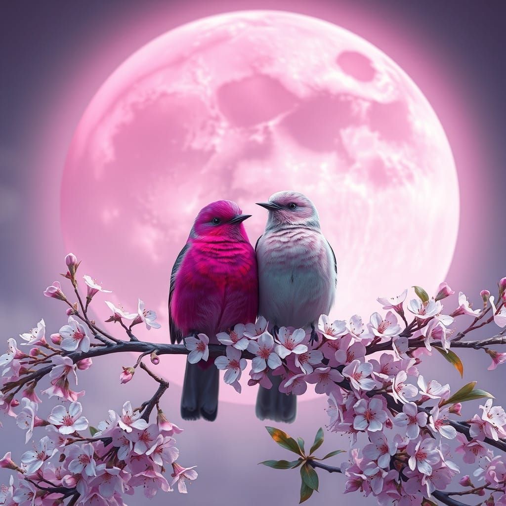 Fantastical Birds Amidst Vibrant Blooms and a Pinkish-Purple...