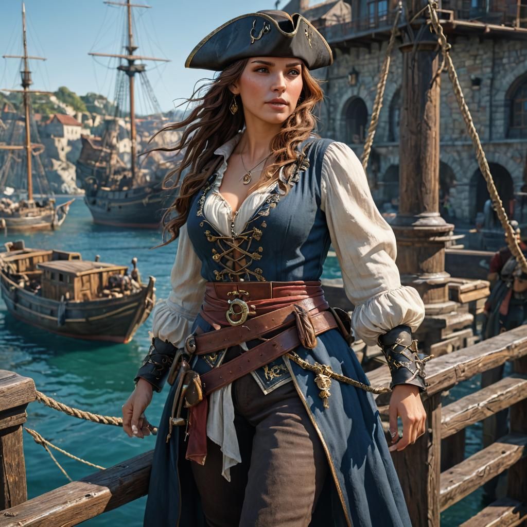 Photorealistic Female Pirate in Ancient Harbor, Hyperrealism