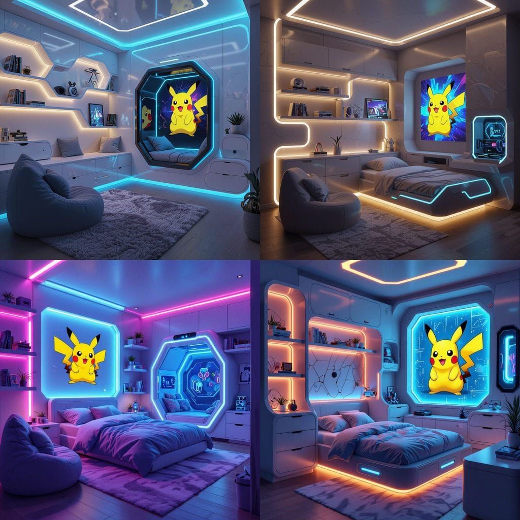 Futuristic Watercolor Gaming Bedroom with Pikachu Art