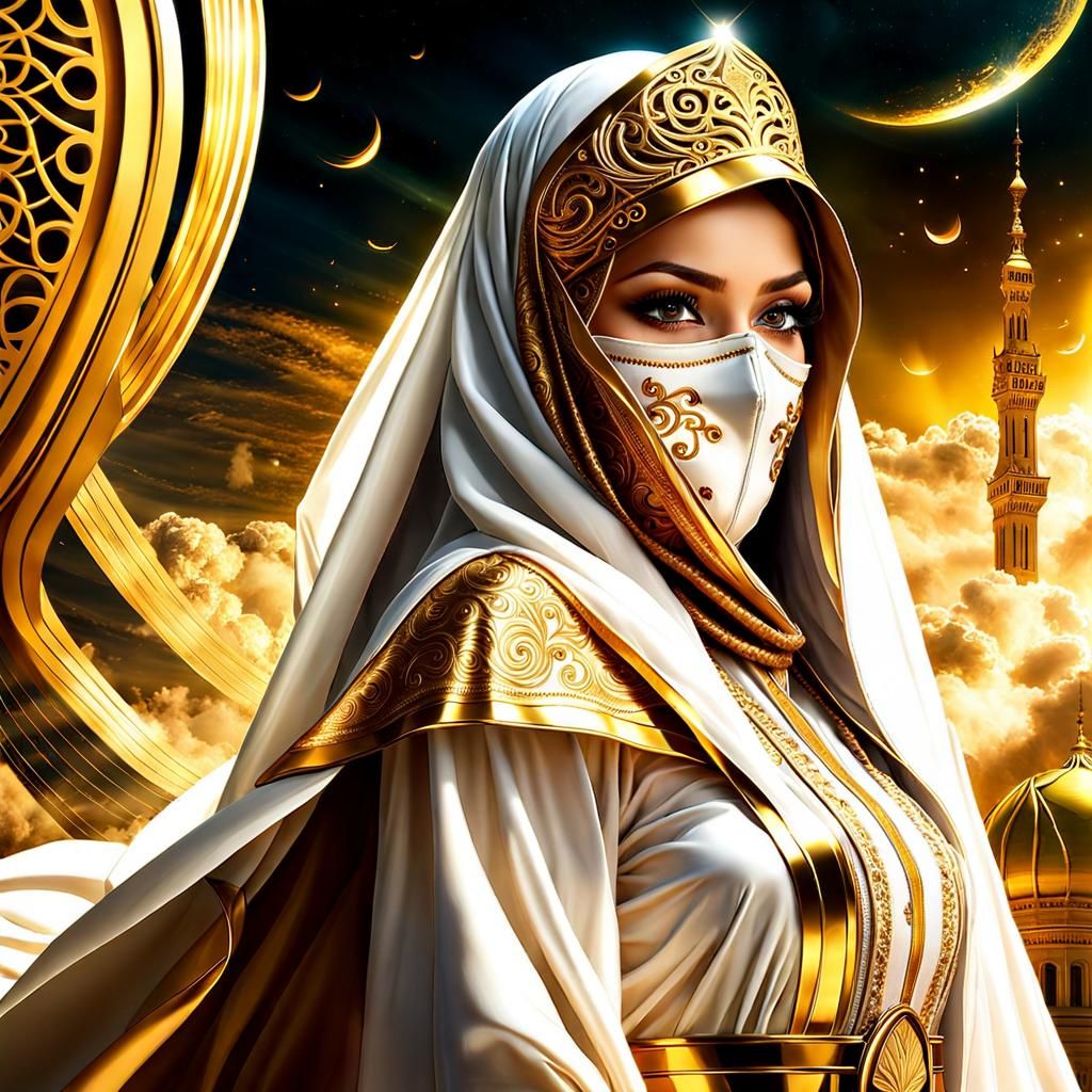 Girl in Burqa Walking on Clouds: Hyperrealistic Fantasy Art