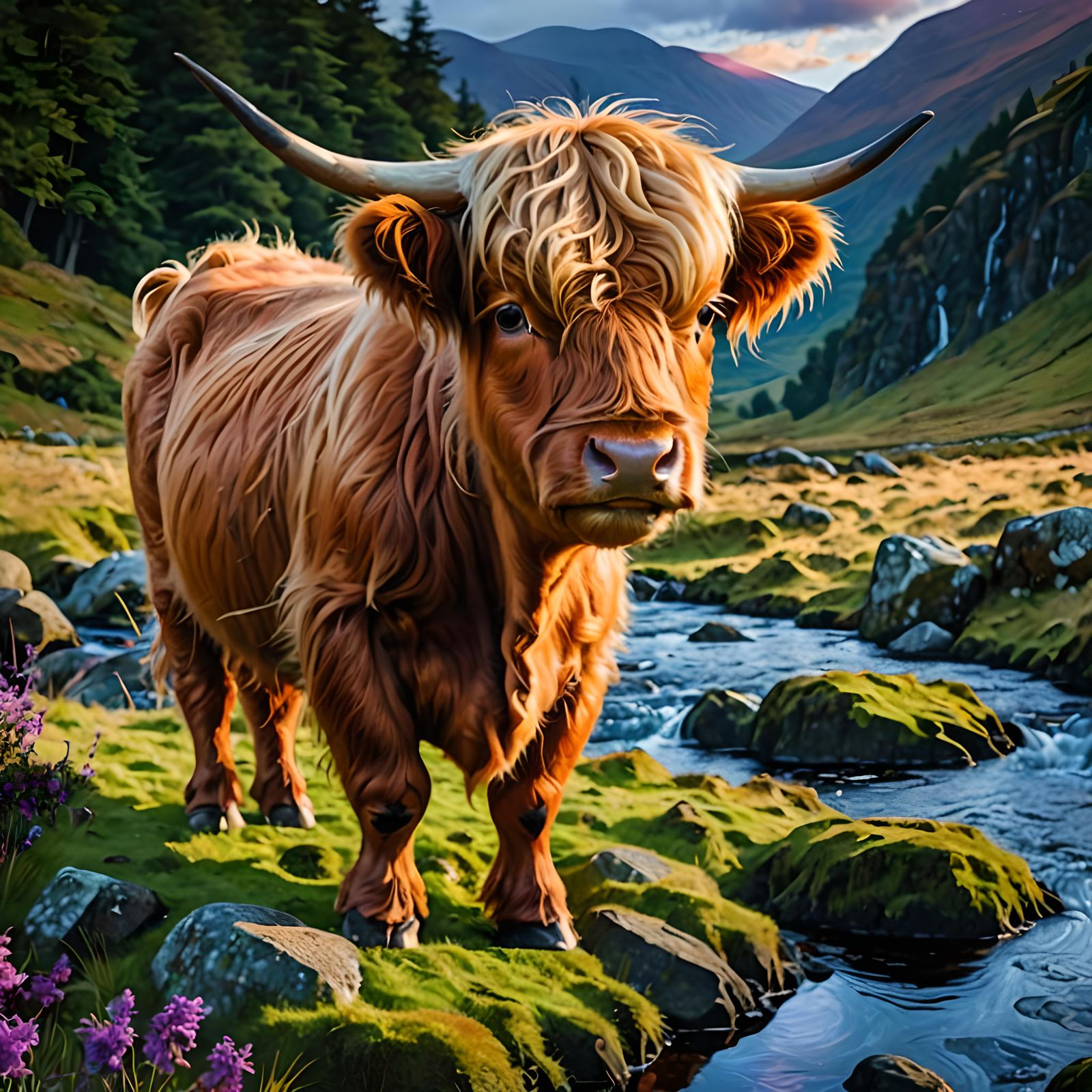 Baby Highland Cow in Scottish Glen, Impasto Painting