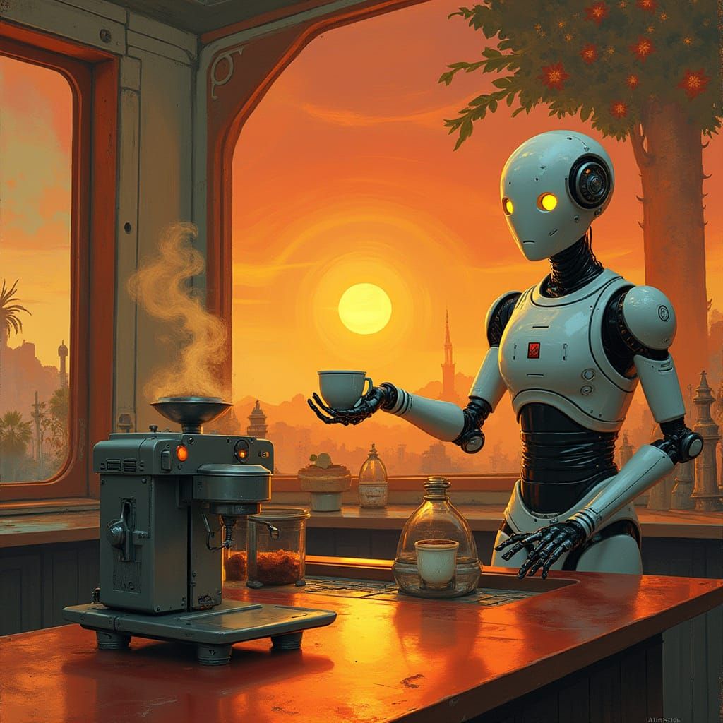 Futuristic Robot Barista on Mars in Art Nouveau Style