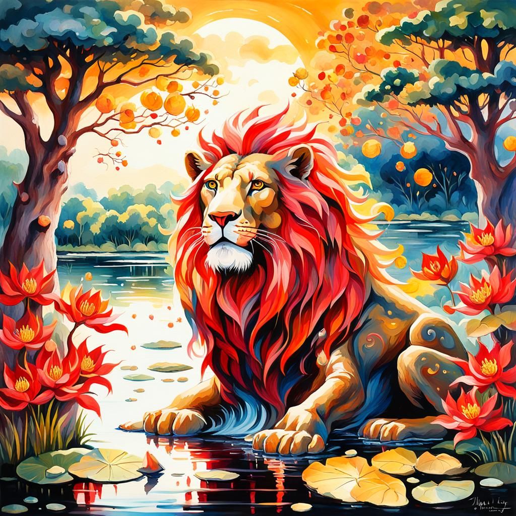 Crimson Lion Under Golden Tree: Gouache Impressionism