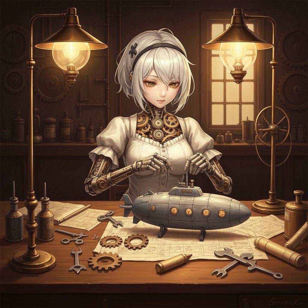 Clockwork Automaton Girl Assembling Submarine in Steampunk W...