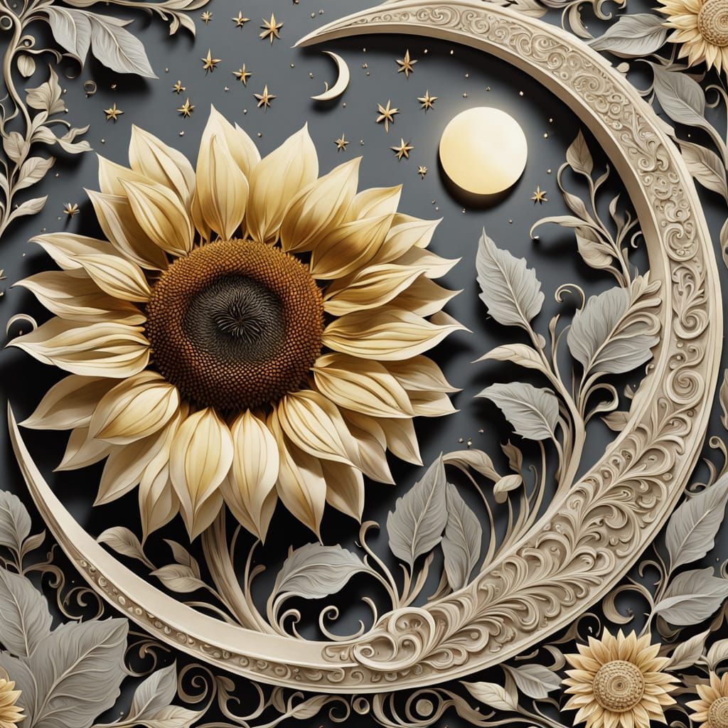 Botanical Sunflower Art under Crescent Moon