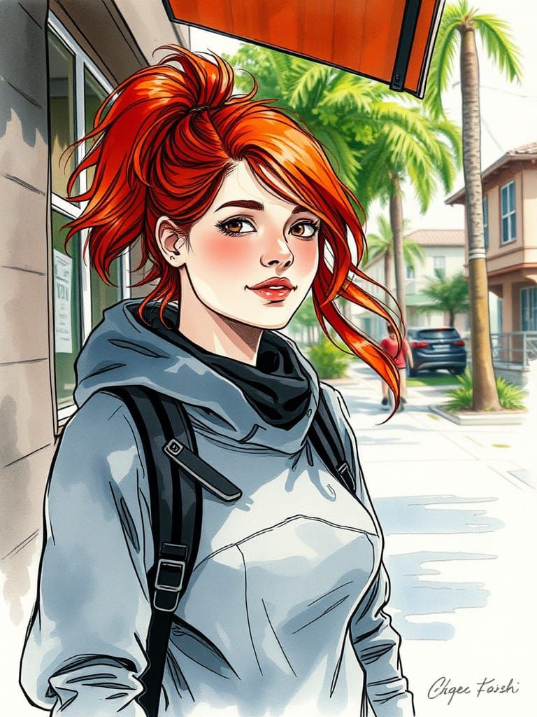 Ink Illustration of Redhaired Floridian University Student
