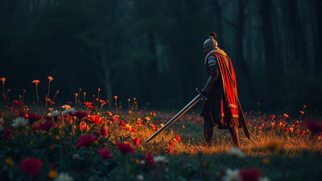 Noble Warrior Contemplates Blossoms Amidst Fallen Saber