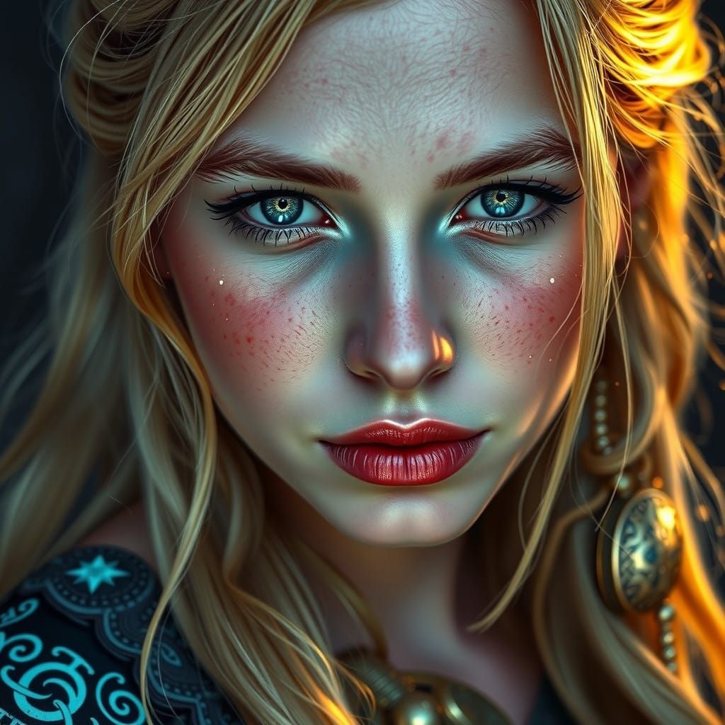 Glowing Norse Goddess with Intricate Runes Tattoos