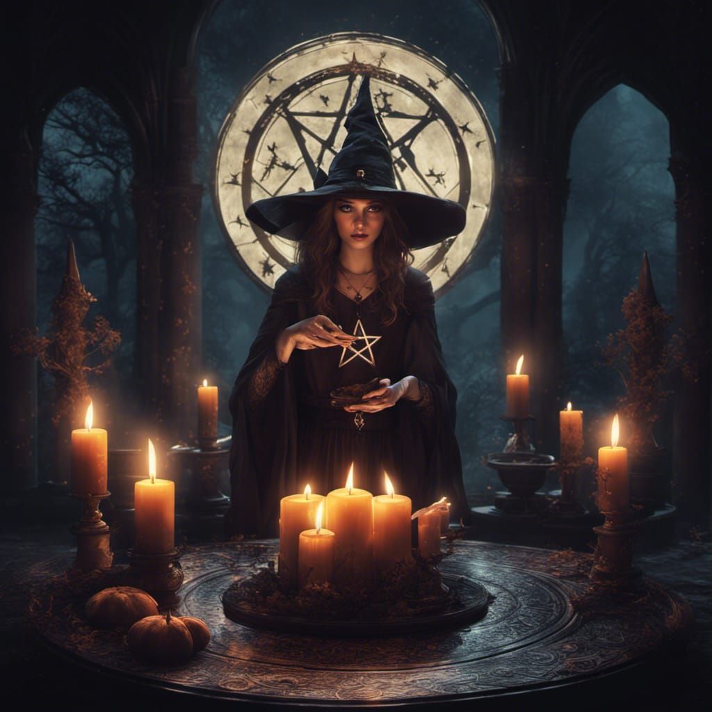 Witch in Summoning Circle Under Moonlight