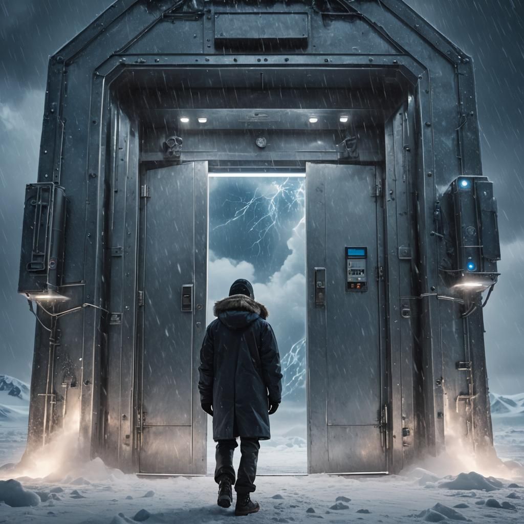 Antarctic Researcher at Metal Door in Sci-Fi Style