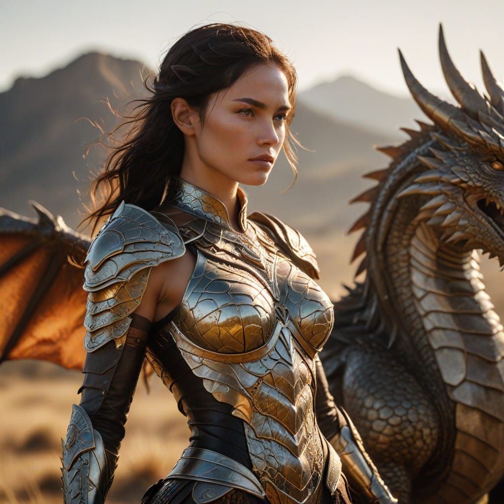 Dragon Conquered by Amazonian Warrior in Vibrant Savannah Li...