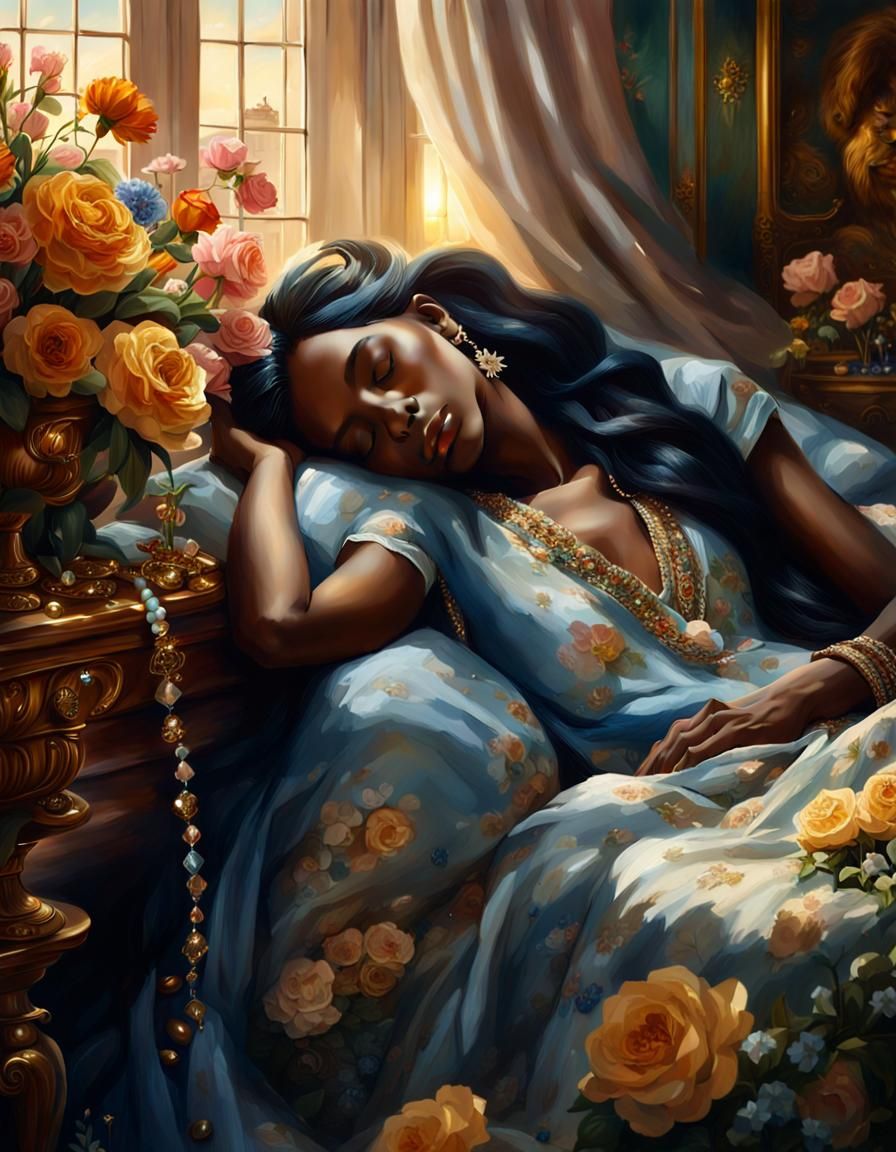 Sleeping Beauty with Lion in Hyperrealistic Style