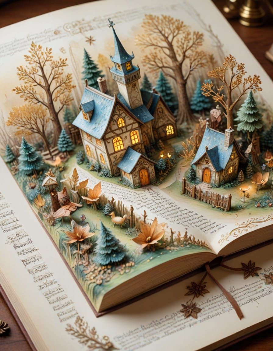 Enchanted Book Village in Watercolor Style