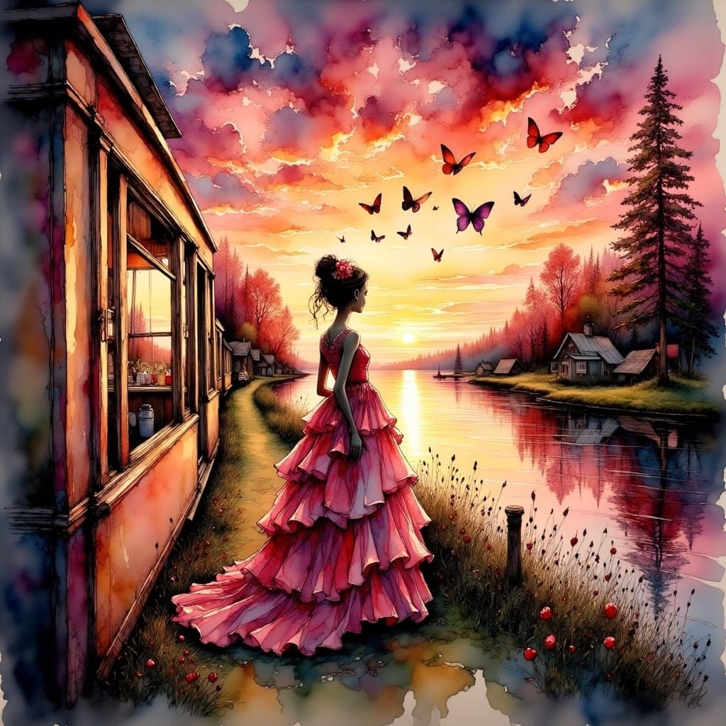 <lora:Ink Poet:1.0> At sunset, a mannequin dressed in a flowing gown, looking at butterflies in the air, from the window...