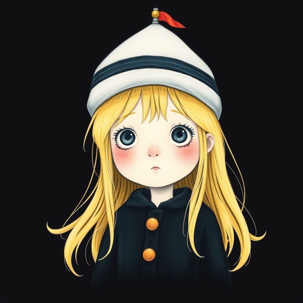 Big-Eyed Girl in Sailboat Hat, Illustrated Style