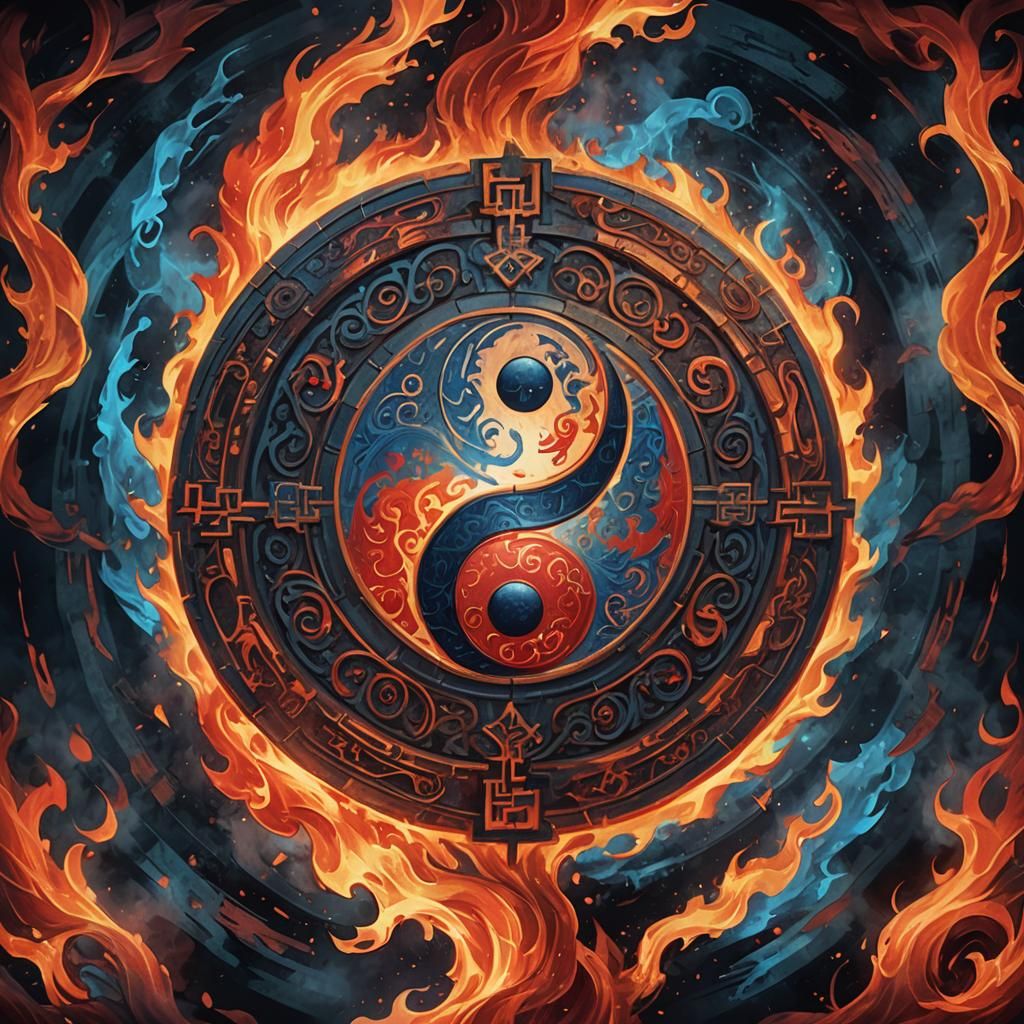 Mystical Yin Yang Diagram Amidst Fiery Flames