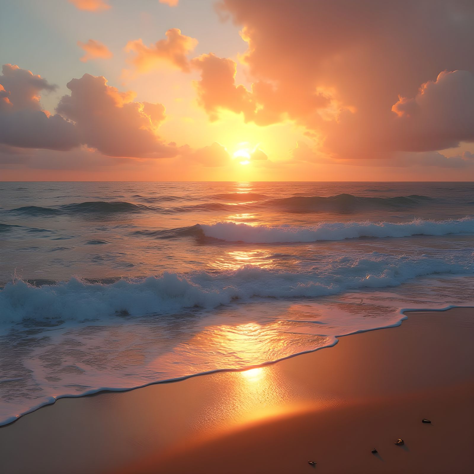 Tranquil Sunset Ocean Scene on Sandy Beach
