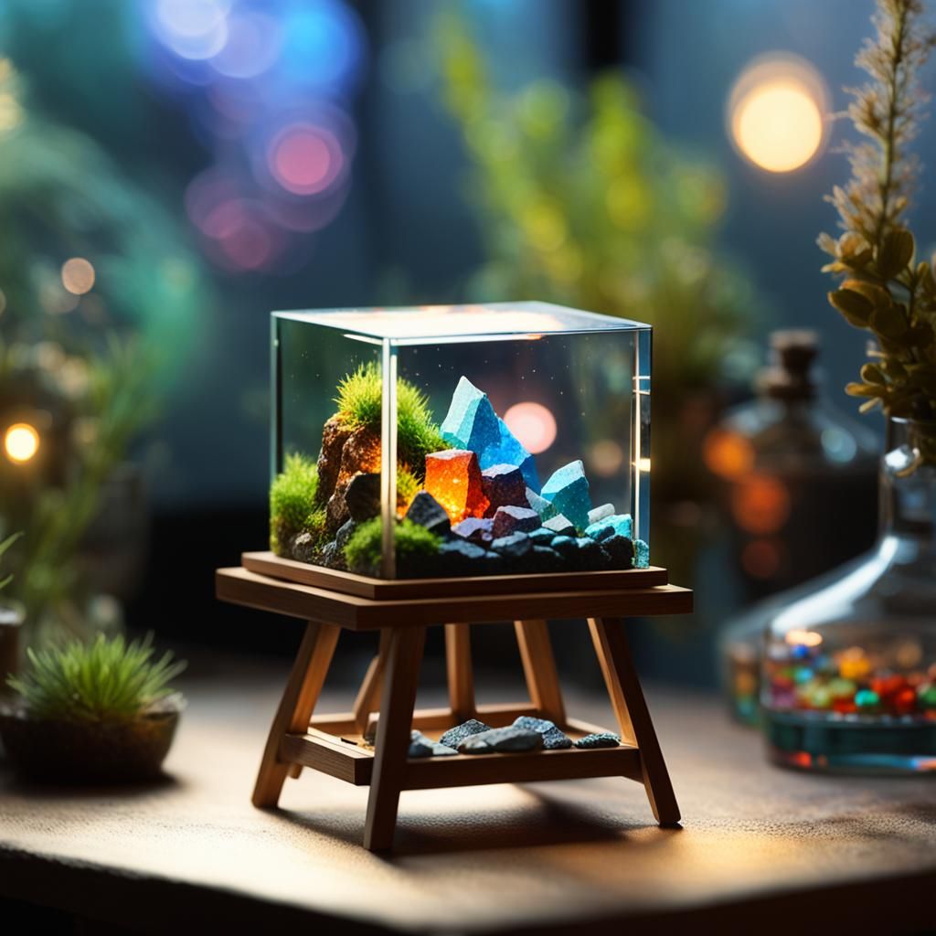 Cubist Painting in Terrarium with Mineral Rocks