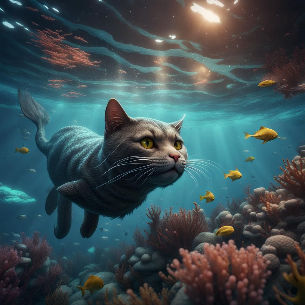 Ocean Cat Swimming: Detailed Fantasy Concept Art