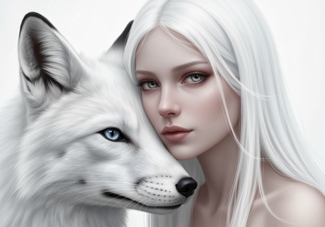 Woman and White Fox in Dreamy Digital Painting