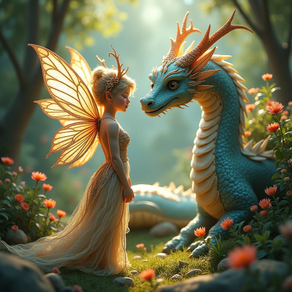 Fairy and Dragon in Whimsical Forest Glade