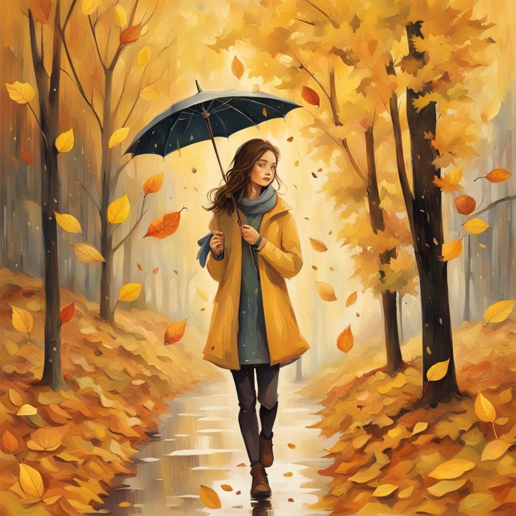 Girl Walks in Autumn Rain with Umbrella