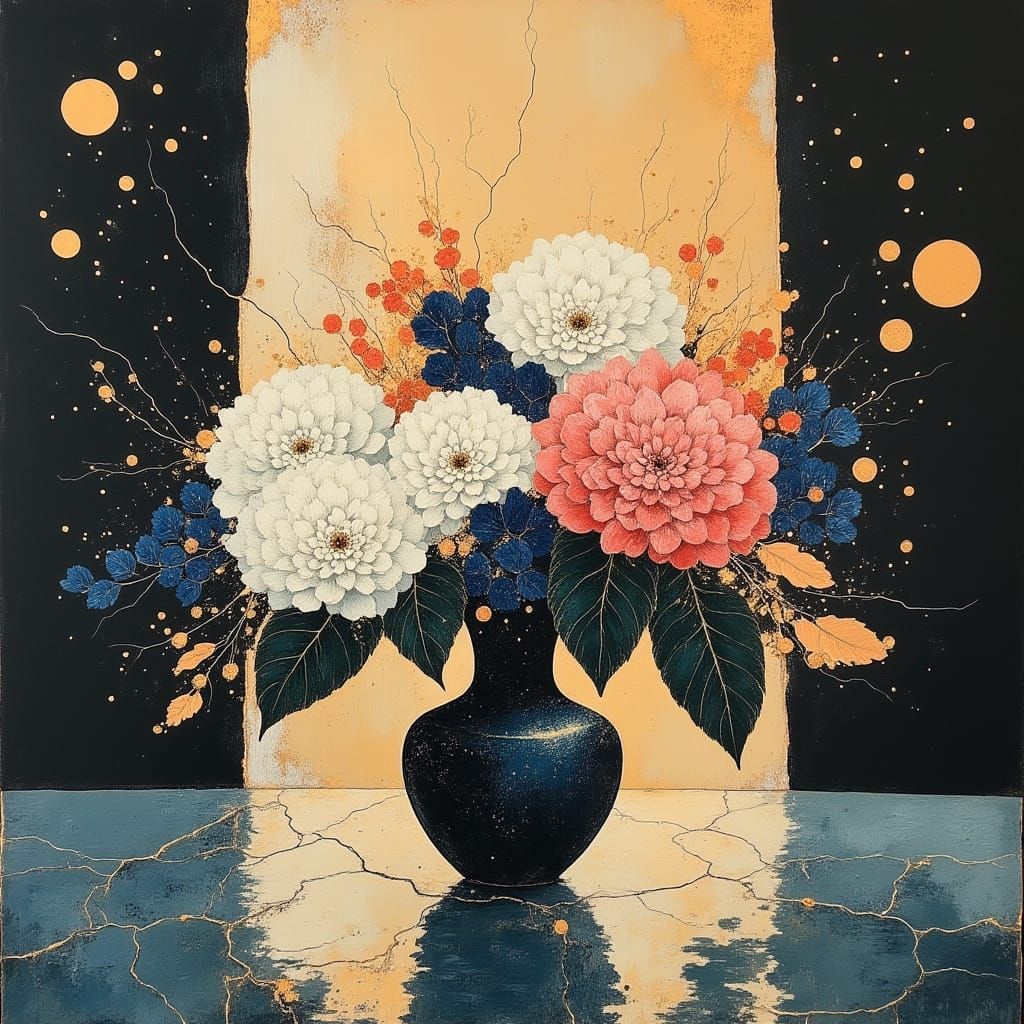 Hydrangea and Iris Ikebana Still Life