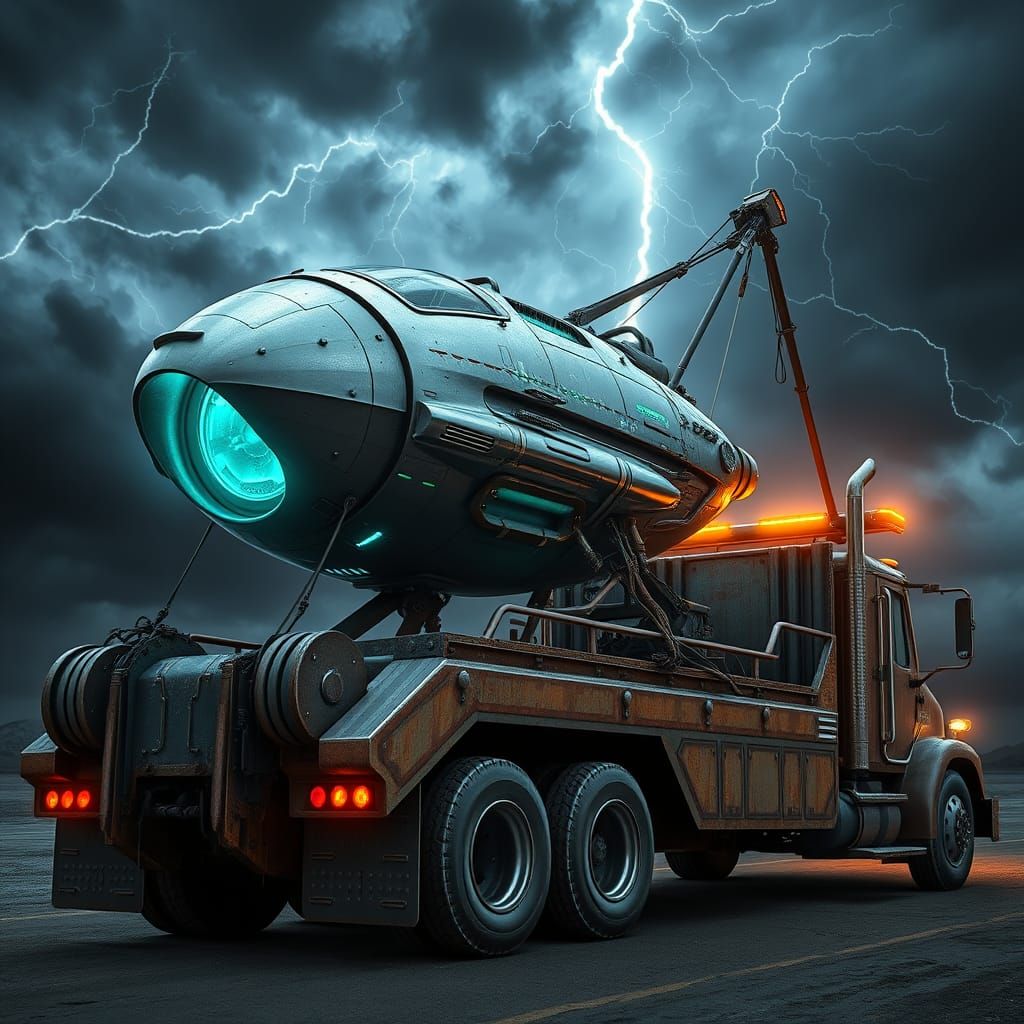 Futuristic Alien Spaceship on Tow Truck in Industrial Futuri...