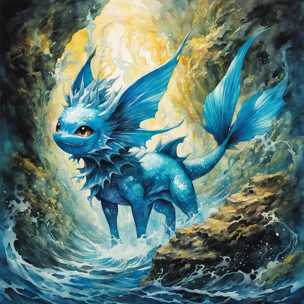Vaporeon in Watercolor Style Painting