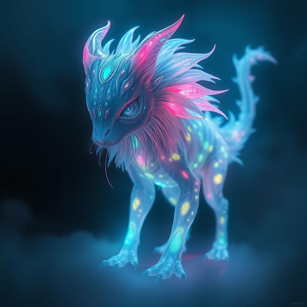 Luminescent Mythical Creature in Cyberpunk Dreamscape