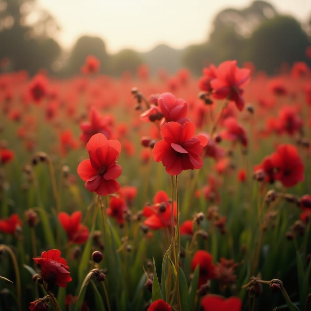 Heart-Shaped Flowers in Lush Field, Cinematic Still