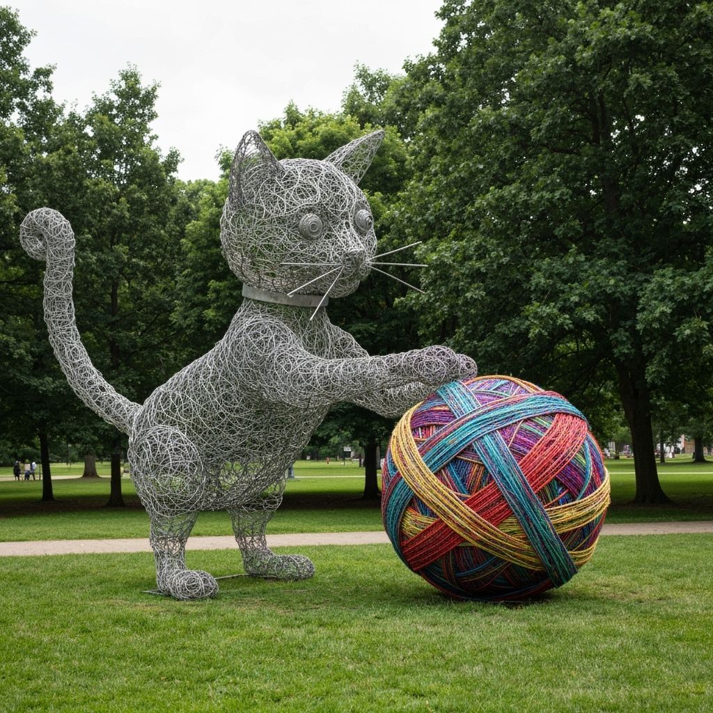 Whimsical Wire Cat Sculpture in a Green Park