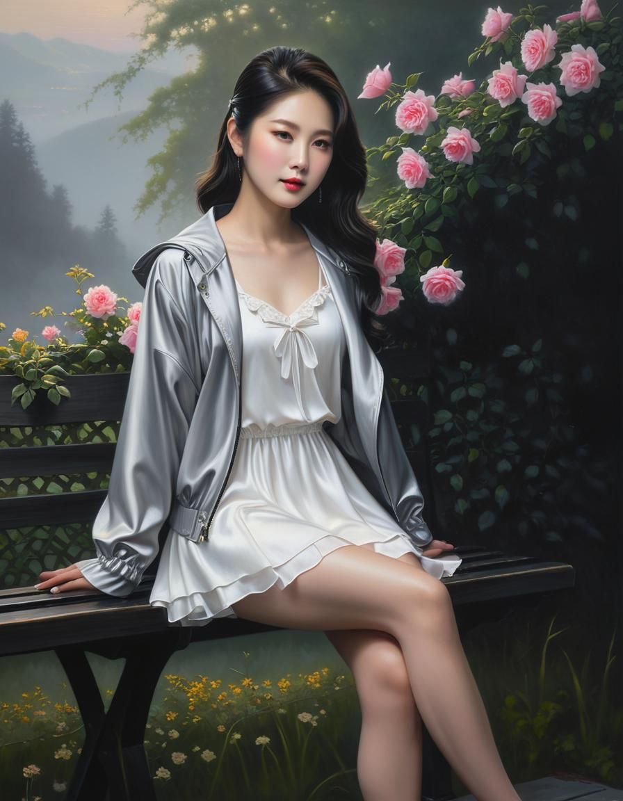 Misty Predawn: Chiaroscuro Portrait with Flowers