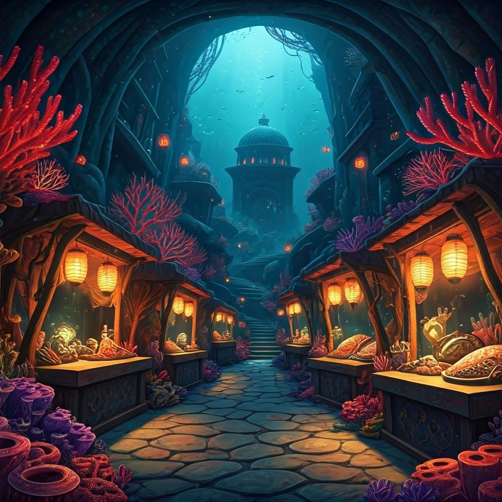 Atlantis Underwater Market Scene in Vibrant Iridescent Color...