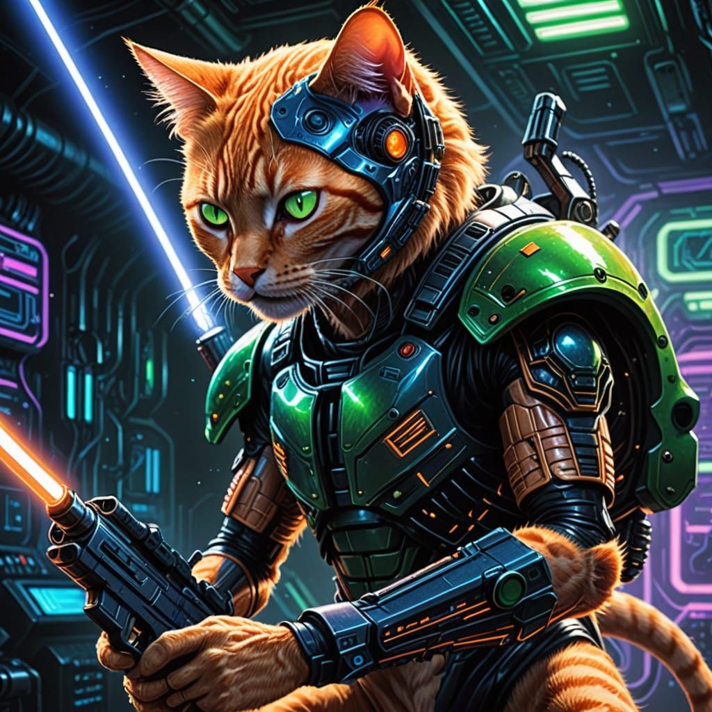 Tabby Cat in Sci-Fi Armor Shoots Alien Xenomorph