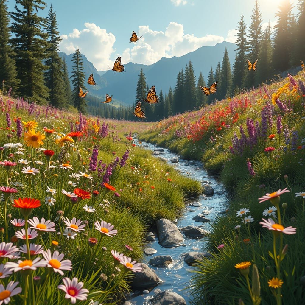 Hyperrealistic Meadow with Wildflowers and Butterflies