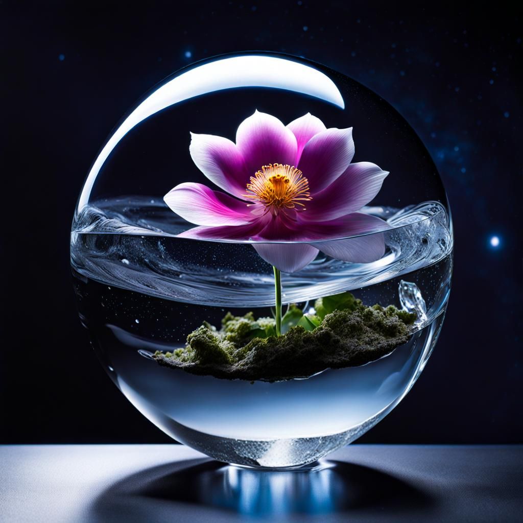 Water Flower in Crystal Vase, Space Scene