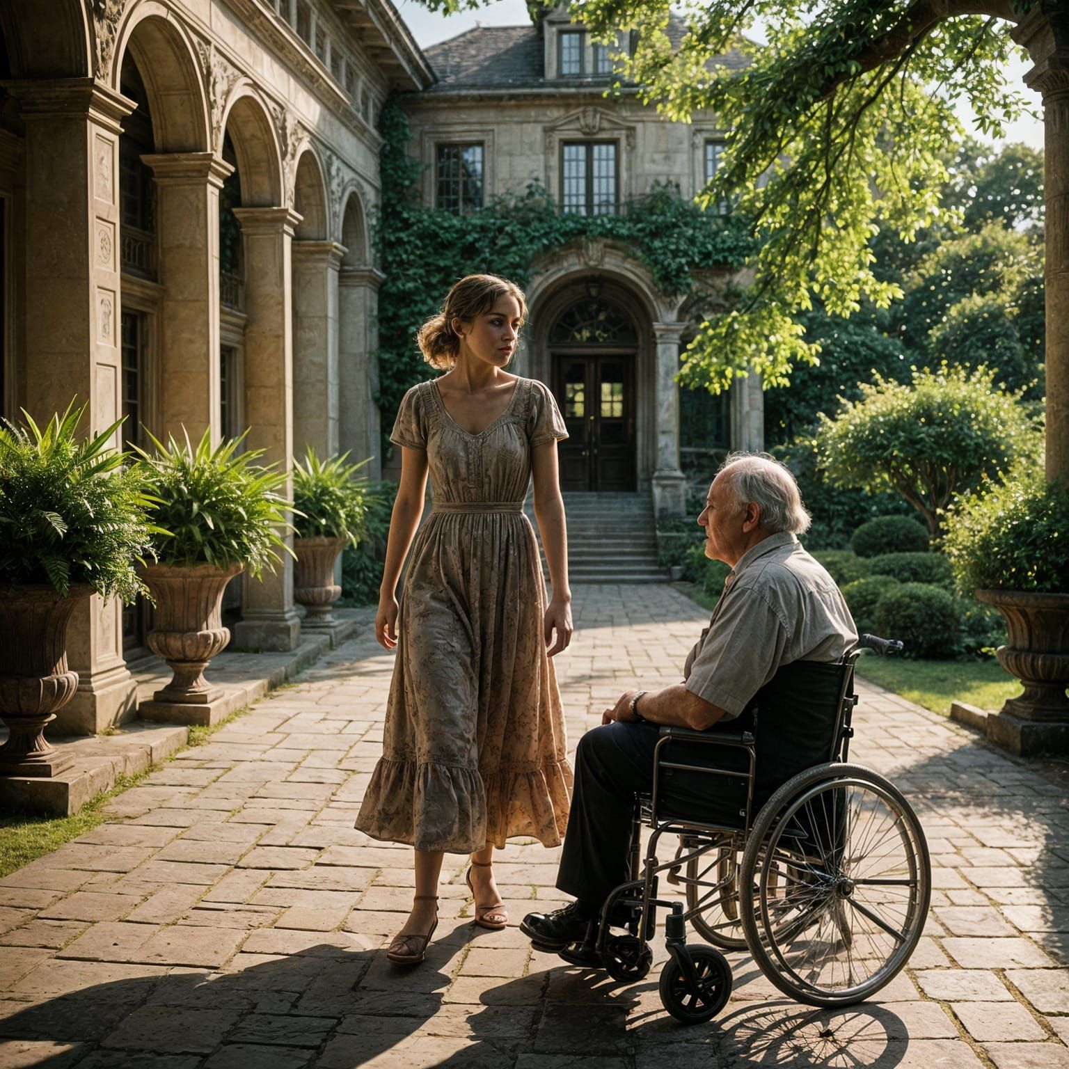 Young Girl Contemplates Age in a Grand Mansion