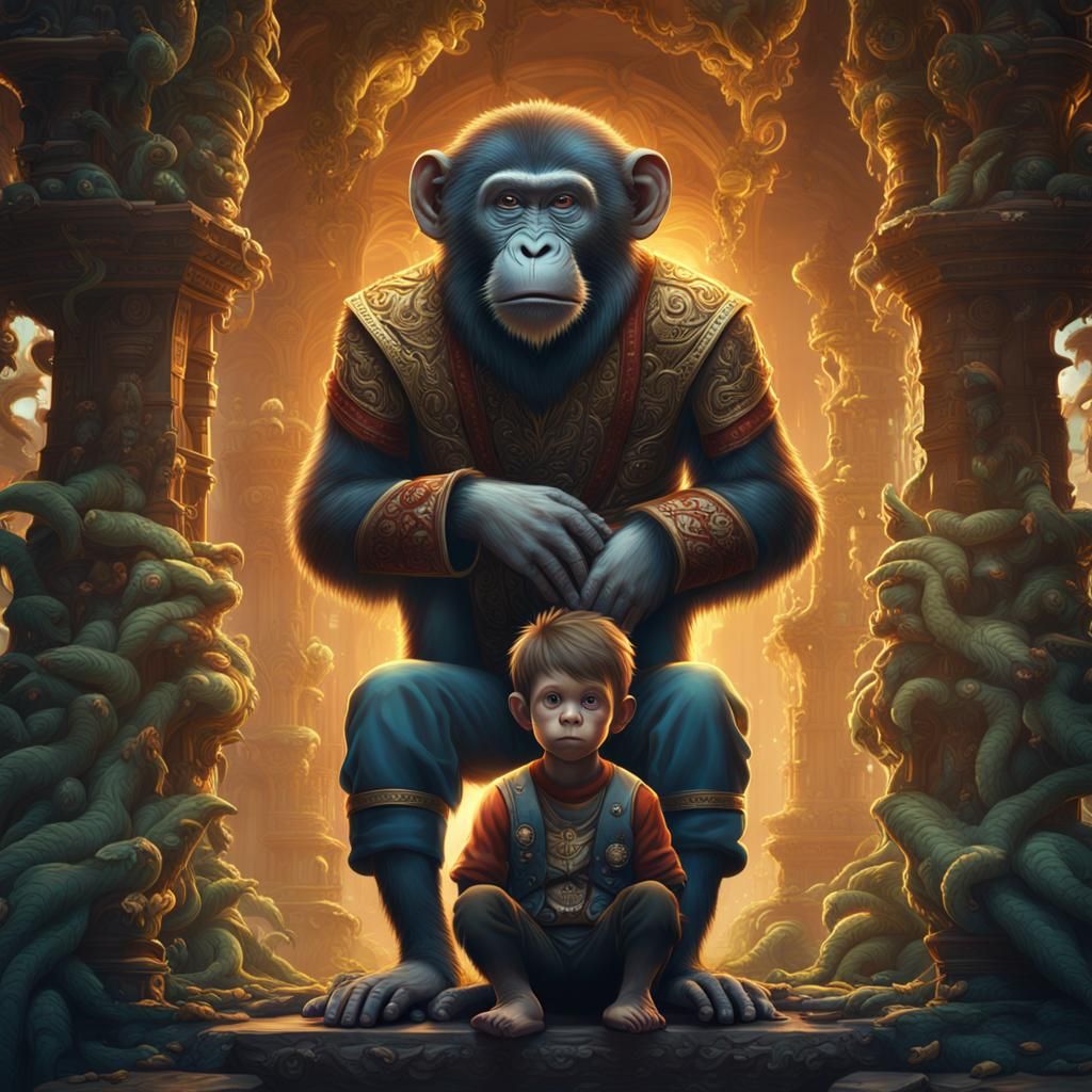 Monkey on Boy's Head: Fantasy Concept Art